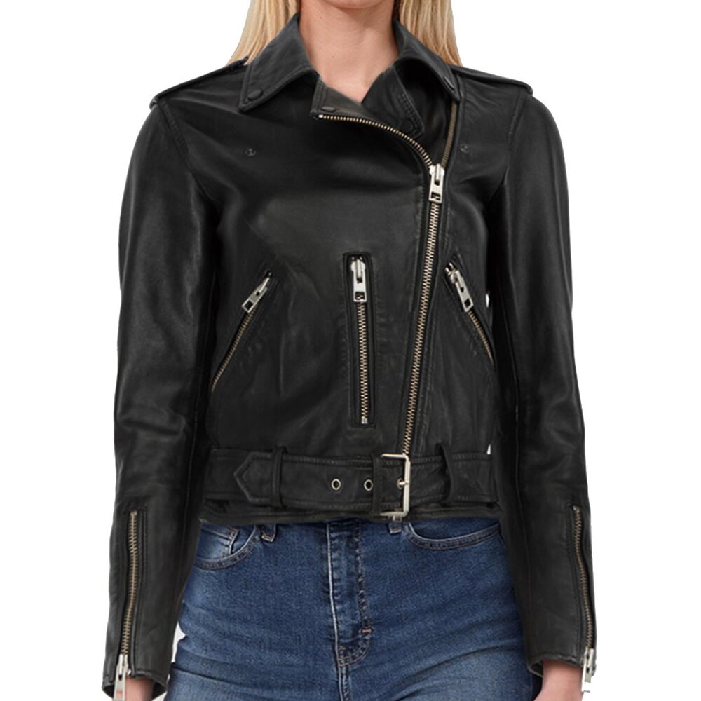 ALLSAINTS Balfern Women's Black Leather Moto Biker Jacket Belted Asym Zip Size 2